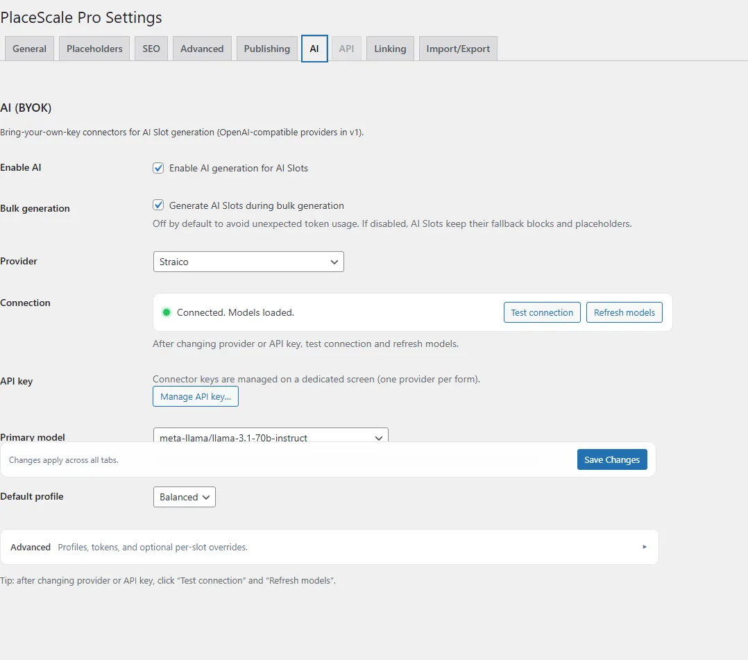 PlaceScale Settings AI tab with provider/model pickers, Test connection and Refresh models buttons