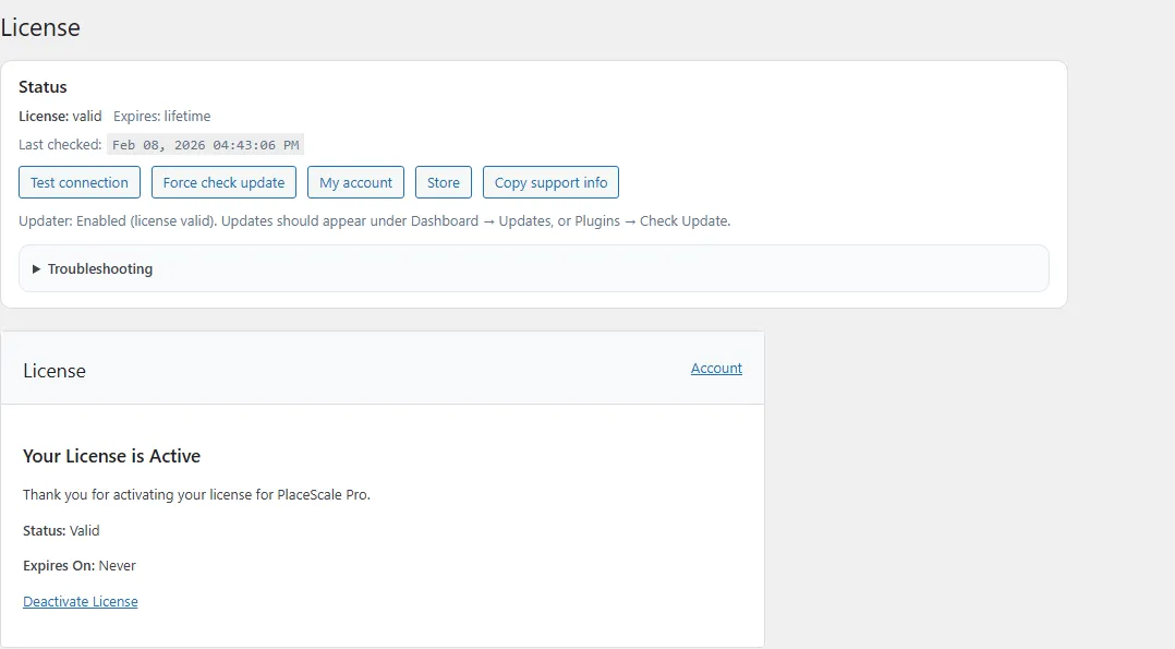 PlaceScale License screen with status card, Activate, Test connection, and Force update buttons
