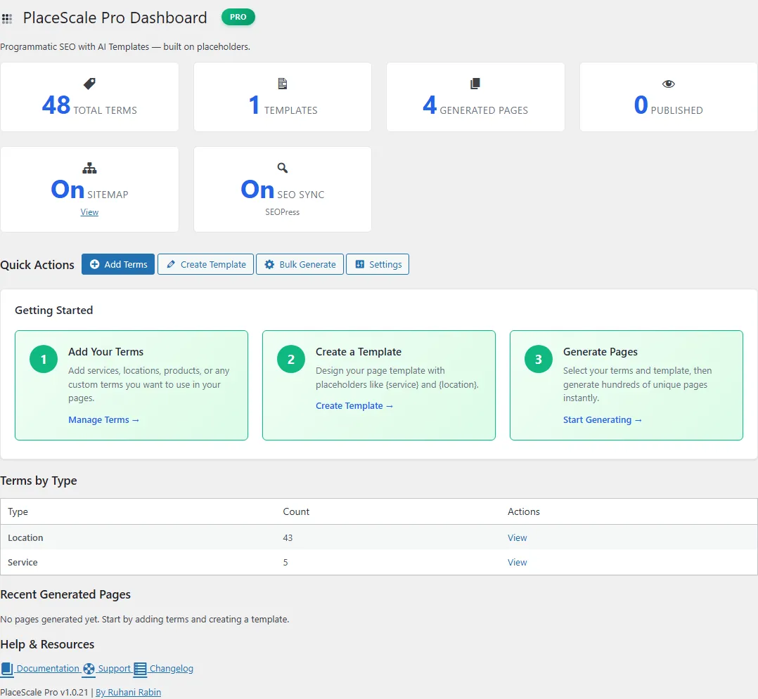 PlaceScale menu in wp-admin sidebar