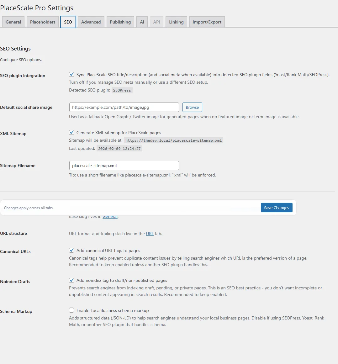 PlaceScale Settings SEO showing SEO integration toggle, default social image field, and sitemap settings