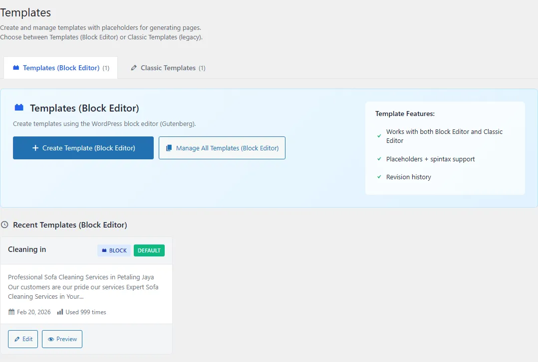 PlaceScale Templates screen showing tabs for Templates and Classic Templates