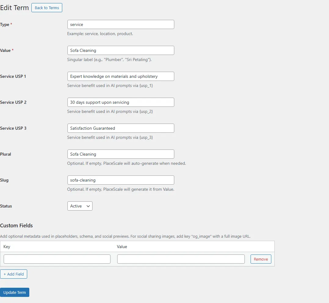 Term edit form showing USP fields with context-aware labels and placeholder hints