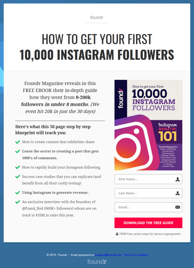 Foundr Magazine links to a lead magnet landing page specifically for Instagram traffic.