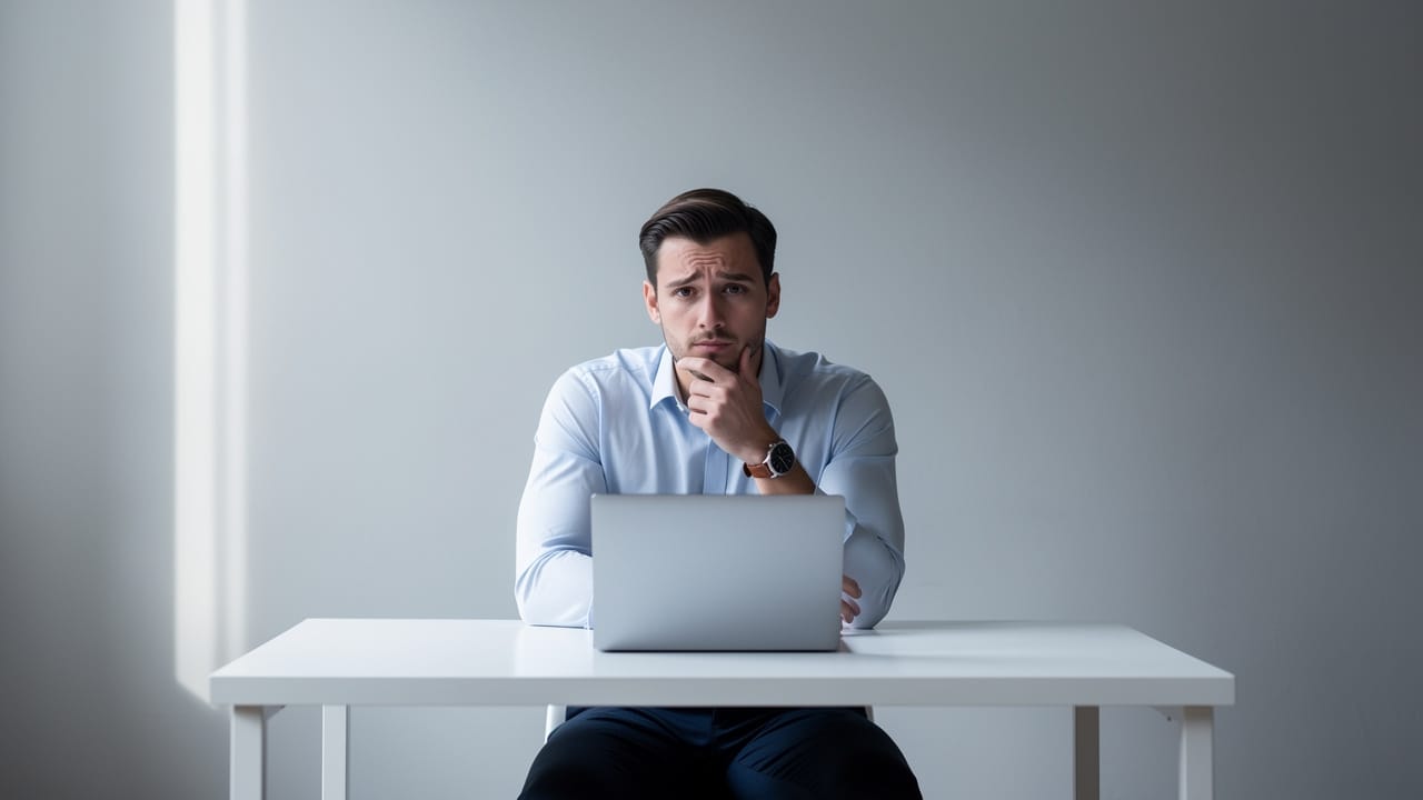Confused man at desk with laptop, pondering customer churn reasons.