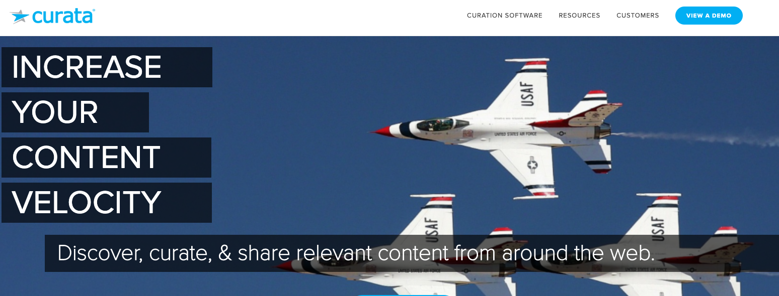 Four U.S. Air Force jets are flying close together in a clear blue sky. The text on the image says, "Boost Your Content Speed." Below, it reads, "Find, organize, and share useful digital marketing resources from across the internet.