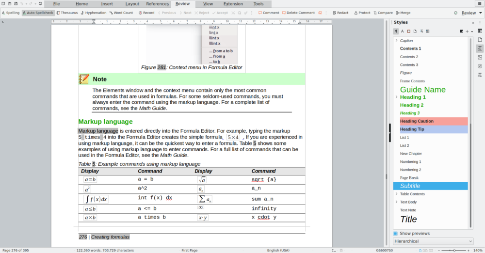 A screenshot of a LibreOffice text editor is visible, showing a document. It includes a note, examples of commands in markup language, and a styles menu. This document explains how to create formulas using specific syntax, how to display the results, and what commands to use.