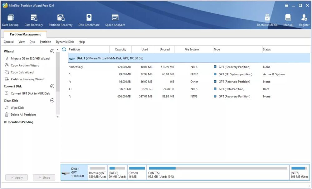 The screenshot shows the MiniTool Partition Wizard Free software, which is used to manage disk partitions. There are five different partitions labeled Recovery, C, D, E, and F. The size, type, and status of each partition are listed. At the top of the screen, you can easily see icons for features like Data Backup and Partition Recovery.