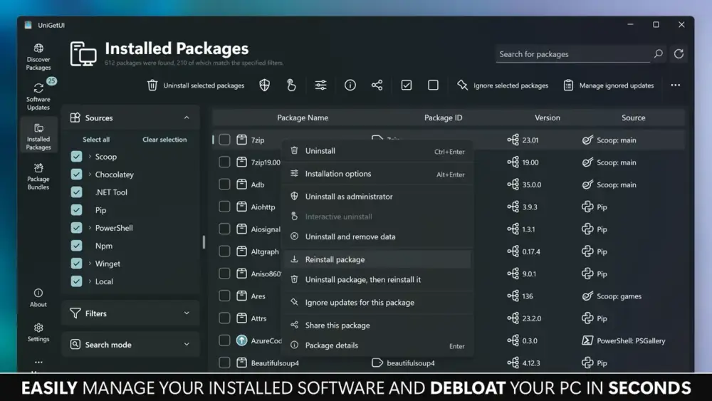 UniGetUI interface showing installed packages for Windows 11. Manage software and debloat in seconds.