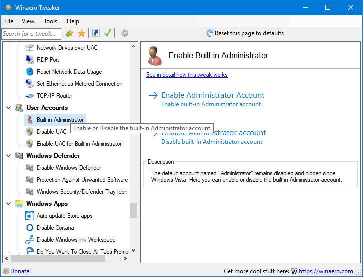 A screenshot of Winaero Tweaker, a popular free tool for Windows 11, shows the Enable Built-in Administrator option chosen under User Accounts. The screenshot displays related settings and information about this feature.