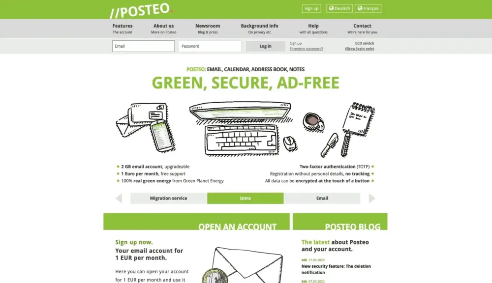 A screenshot of Posteo’s homepage shows its eco-friendly, secure email service with no ads. It is a top alternative to Gmail and has hand-drawn pictures, plus simple buttons to create a new account or switch from another email.