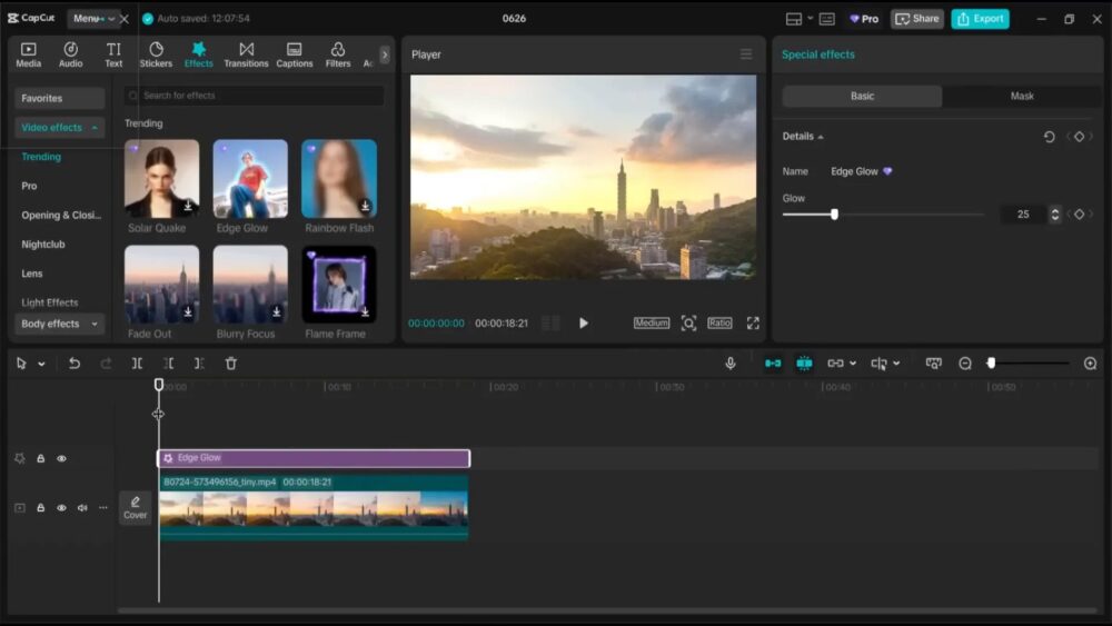 A CapCut video editing app screen shows a video of a city in the main preview area. Below the video, there is a timeline to edit clips. On the right side, there are buttons for special effects and other editing tools.