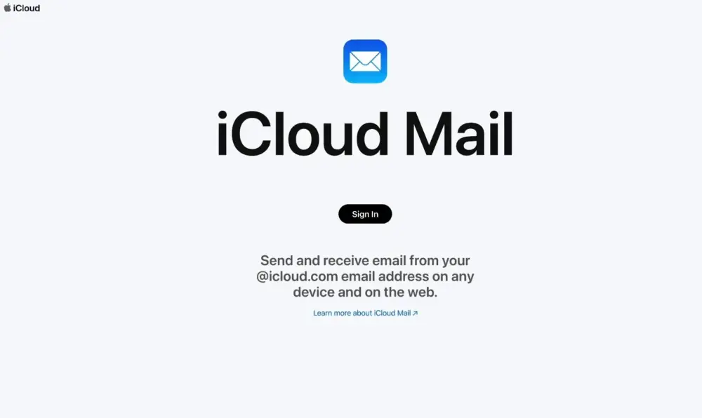 The iCloud Mail sign-in page shows a mail icon, a button to sign in, and information saying you can send and receive emails from any device or on the web. It is also a good alternative to Gmail.