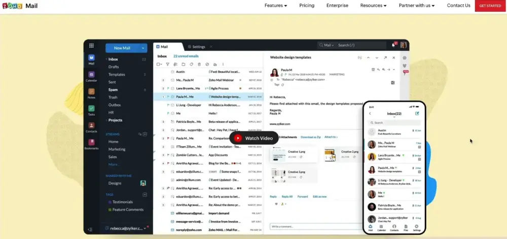 The image shows an email inbox with open emails, a list of folders on the left side, and a preview of how it looks on a phone on the right. This layout is shown as one of the best options besides Gmail.