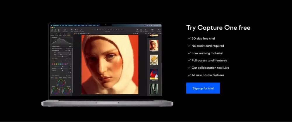 A laptop screen shows photo editing software with a close-up photo of a woman wearing a white headscarf. On the right side, there is text offering a free Capture One trial as a great alternative to Lightroom. It lists some benefits and has a blue button that says Sign up for trial.