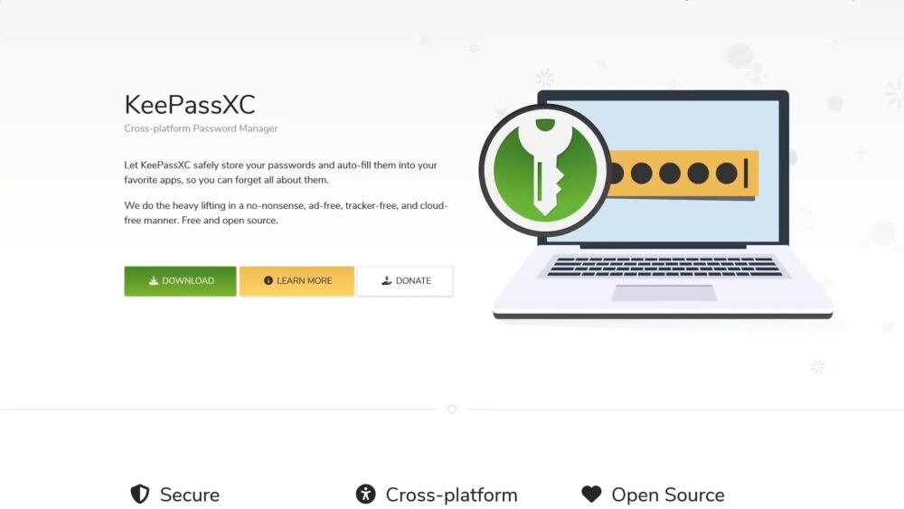 A laptop screen shows a password box with hidden characters and a big green key icon. It advertises KeePassXC, a password manager you can use on any computer. There are buttons to download it, get more information, or donate money.