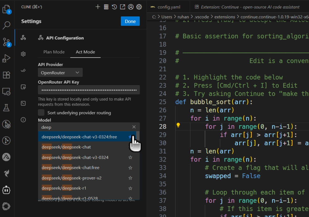 A user chooses the deepseek model from a list of API providers in the CLINE extension settings in Visual Studio Code.