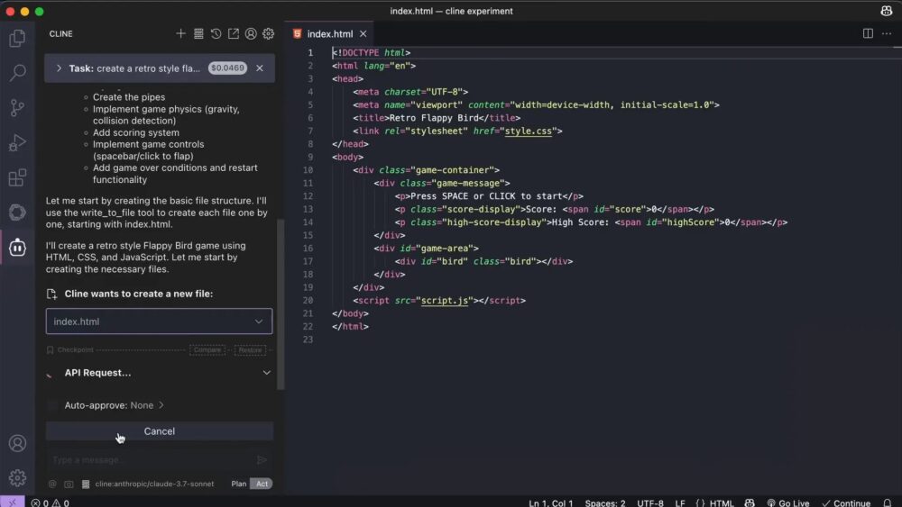 Using Cline to create a Flappy Bird game project with multi-file editing