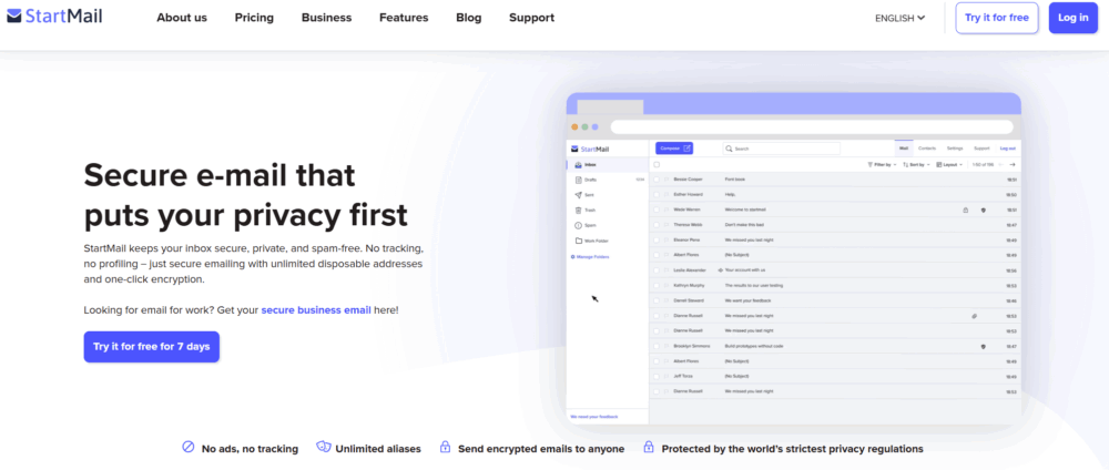 StartMail’s homepage shows a safe email dashboard. It talks about privacy, no tracking, unlimited fake email addresses (aliases), and encrypted emails. It also follows strict privacy rules, making it a great alternative to Gmail.
