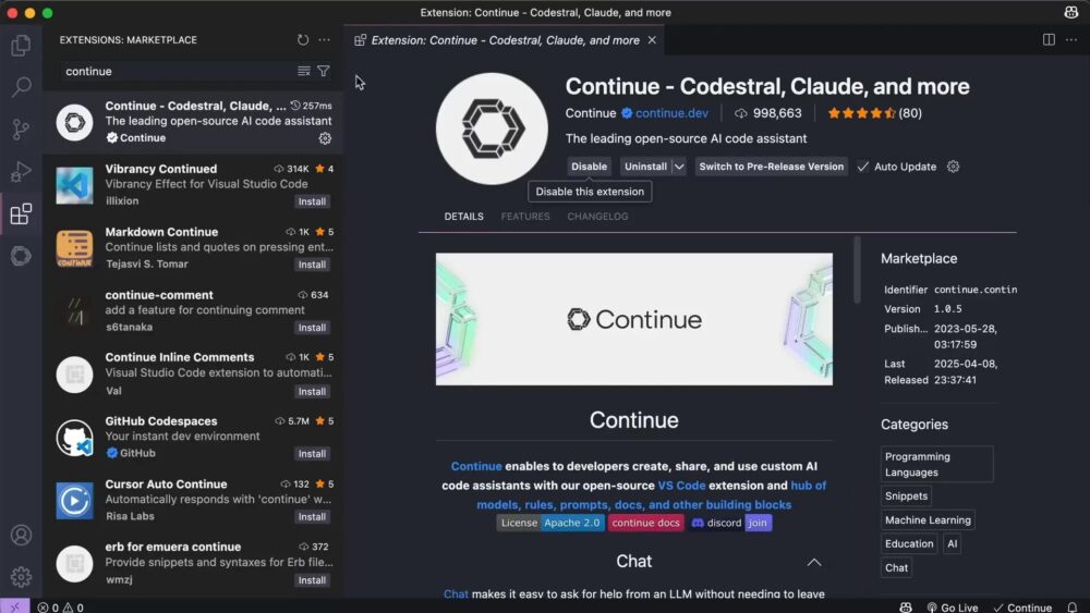 Installing Continue.dev and Cline extensions in VS Code