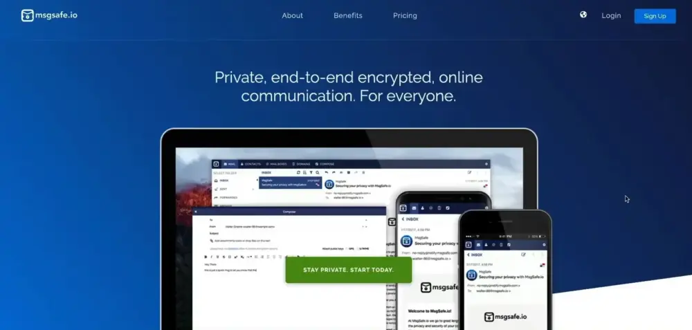 A website homepage shows the name msgsafe.io. It offers safe, private, and encrypted messages as another option besides Gmail. Pictures of a laptop and smartphone show what the app looks like. There is also a button that says Stay Private. Start Today.