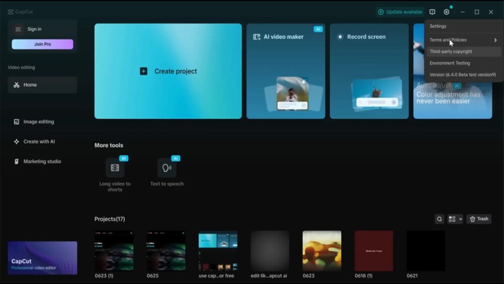 This is a picture of a video editing program CapCut. You can start a new project, use a tool to make videos, record your screen, and use editing features. Projects you worked on recently are shown at the bottom.