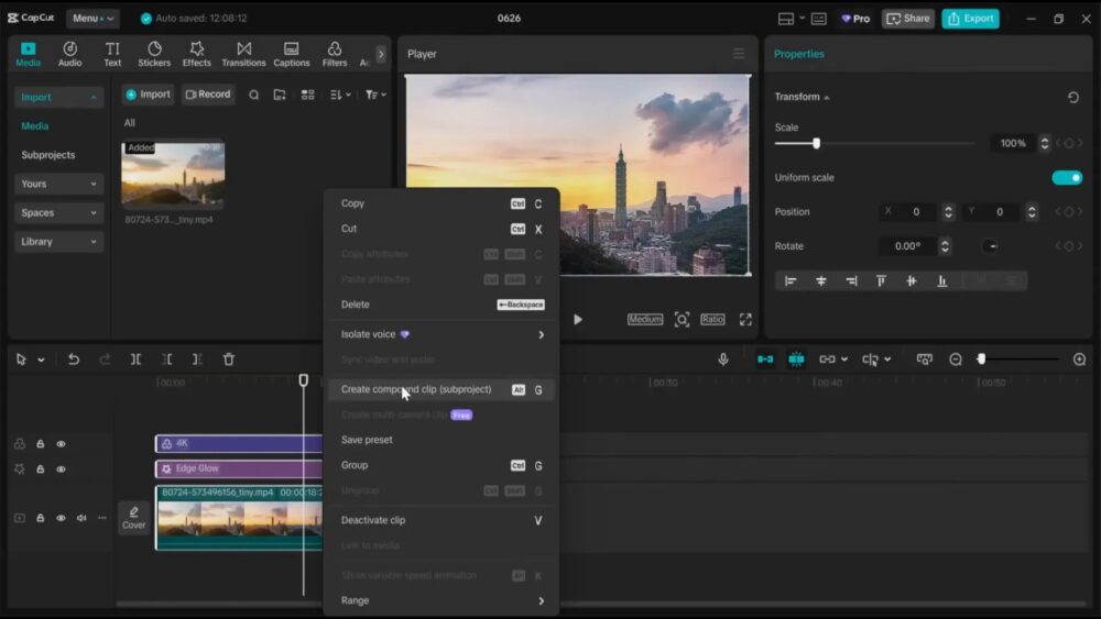 The CapCut video editing program is open. It shows a city video at the top, with tracks for editing below it. A menu with editing choices is also open on the screen.
