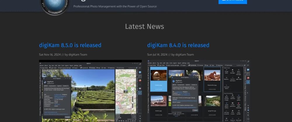 A screenshot from the digiKam website shows news about the release of digiKam versions 8.5.0 and 8.4.0. It also shows two pictures of the programs interface, highlighting tools for managing and editing photos. digiKam is a great alternative to Lightroom for photographers.