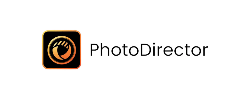 The PhotoDirector logo shows a simple camera lens design in orange and black on the left side. Next to it, the word “PhotoDirector” is written in black letters on a white background—making it a great option instead of Lightroom.