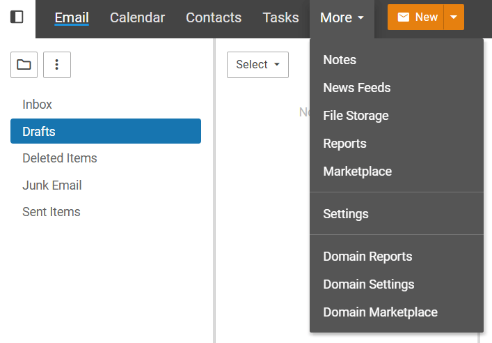 This is a screenshot of an email app that works well instead of Gmail. The Drafts folder is chosen, and the More menu is open, showing options such as Notes, News Feeds, Reports, and Settings.