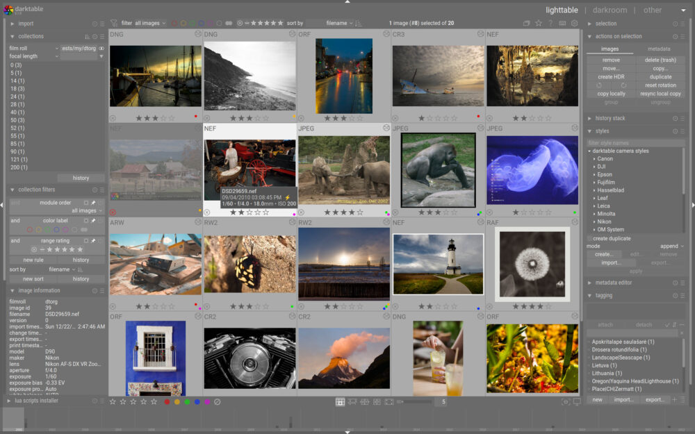 A computer screen shows the free photo editing program Darktable open in lighttable view. Many small preview images appear in a grid, along with information about each image and tools for editing. Darktable is a strong alternative to Lightroom.