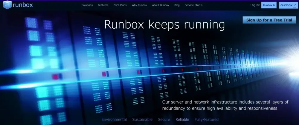 A row of lit-up server racks in a data center. Text says Runbox keeps running—a great Gmail alternative. There is also a button to sign up for a free trial.