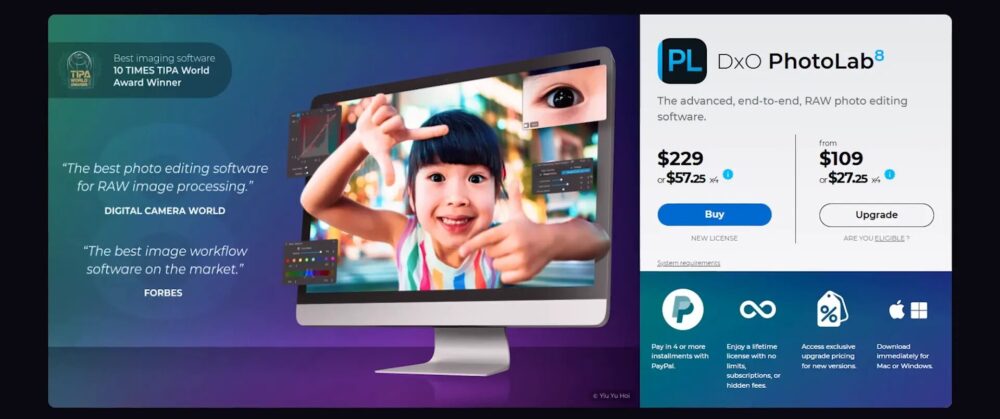 A computer screen shows a photo editing app. On the screen, a smiling child is making a frame shape with her fingers. There is text about DxO PhotoLab 8, including its price, awards it has won, and features as advanced software for editing RAW photos. The background is purple.