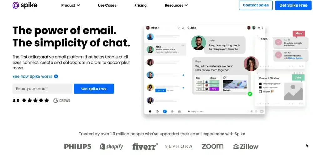 A screenshot of Spike’s homepage shows a main headline about having the best email and chat experience. There is a button to sign up, an example of the chat screen, and logos of companies that use this popular Gmail alternative.