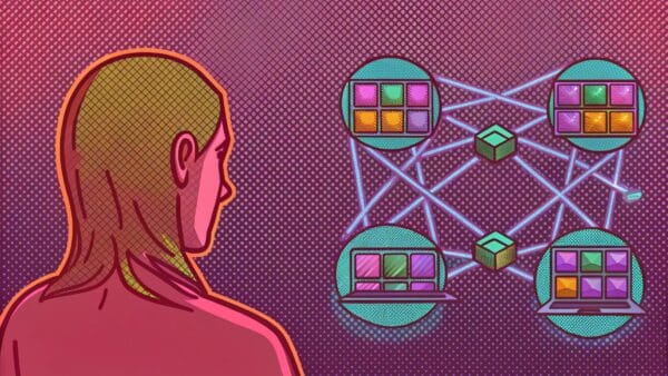 A drawing shows a person looking at a diagram with laptops, blocks, and grids all connected together. The diagram stands for a blockchain or shared computer system. The background is colorful and has patterns.