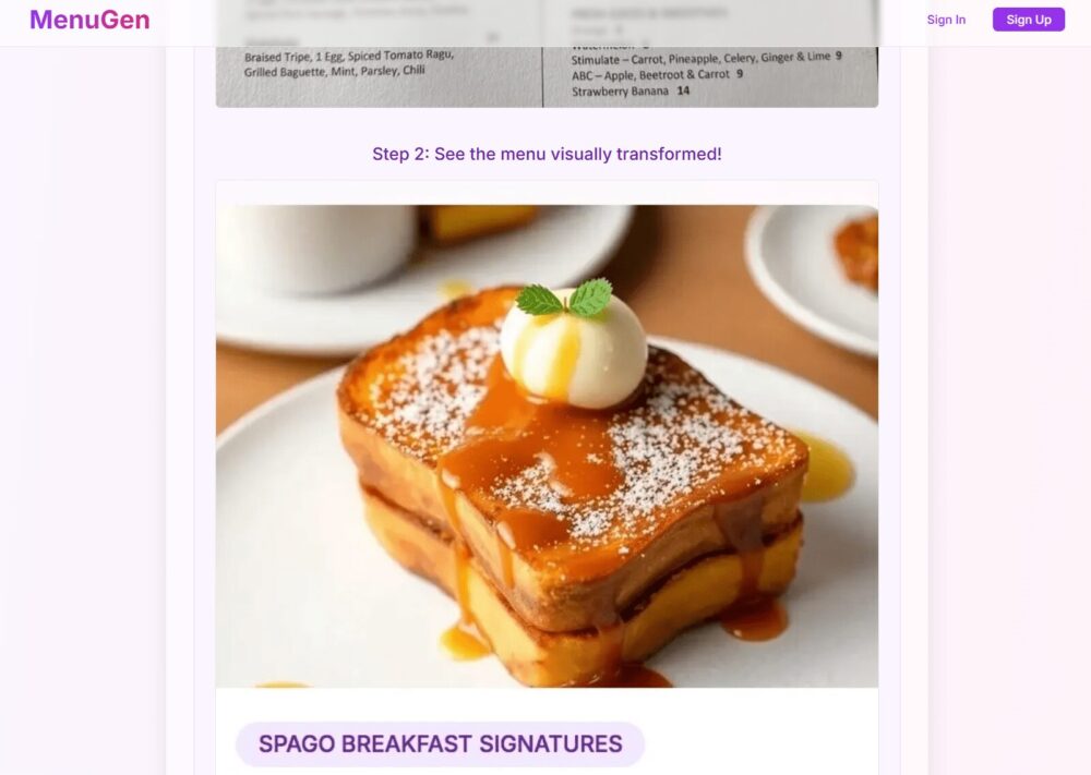 A website with a purple design shows a plate of French toast covered in powdered sugar, caramel sauce, ice cream, and a mint leaf. The site gives off a cool, high-tech feel inspired by Andrej Karpathy’s Software 3.0 ideas.