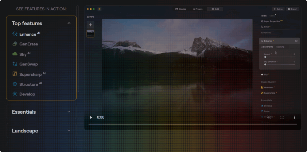 A screenshot showing Skylum Luminar Neo’s photo editing software. The image highlights its main AI tools and editing features, making it a strong alternative to Lightroom. There is a landscape photo in the center, with editing options on the right side of the screen.