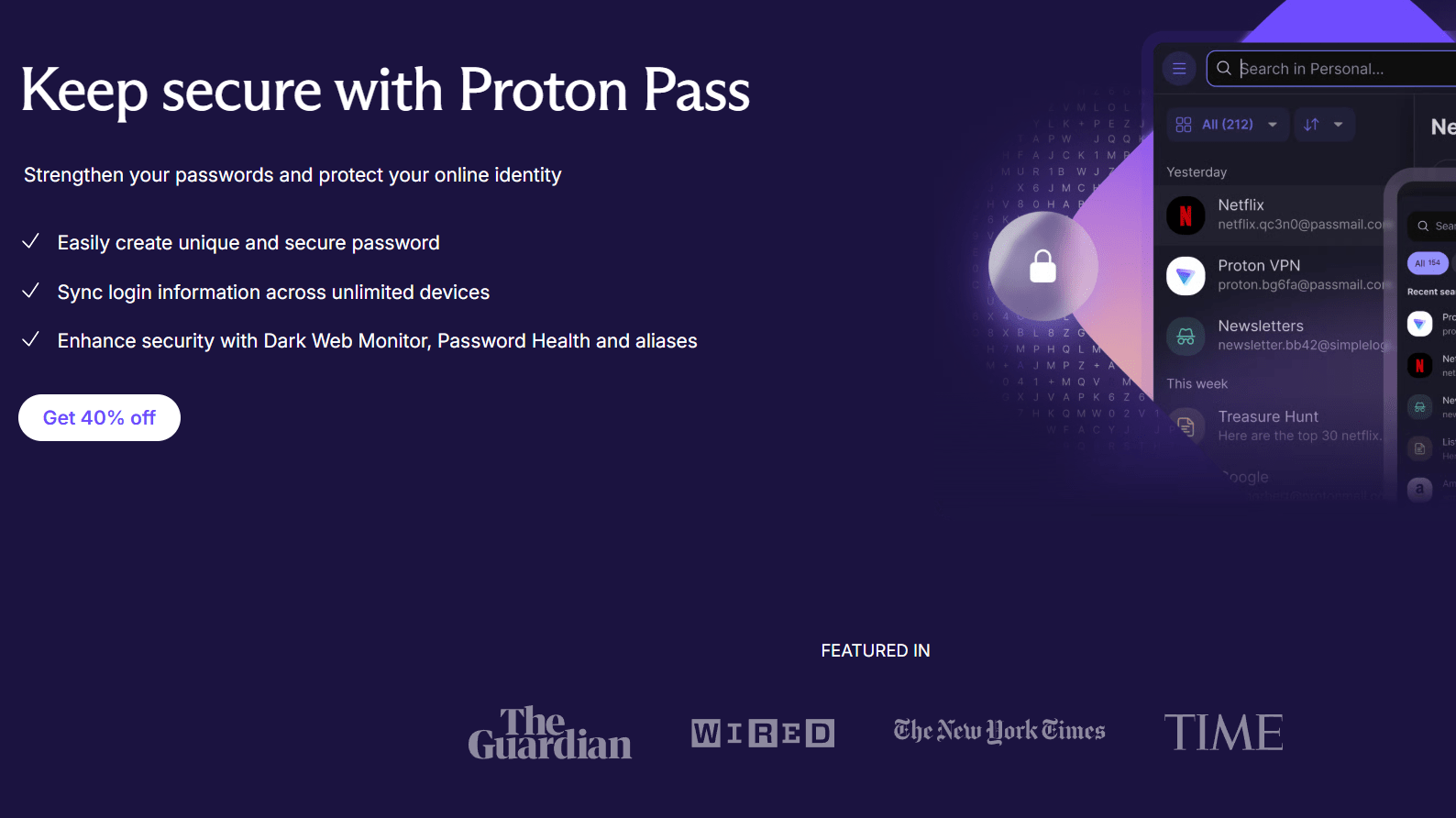A picture of the Proton Pass app is shown next to words that say you can get free password protection, store as many logins and notes as you want, and use it on any device. There is also a button that says Create a free account.