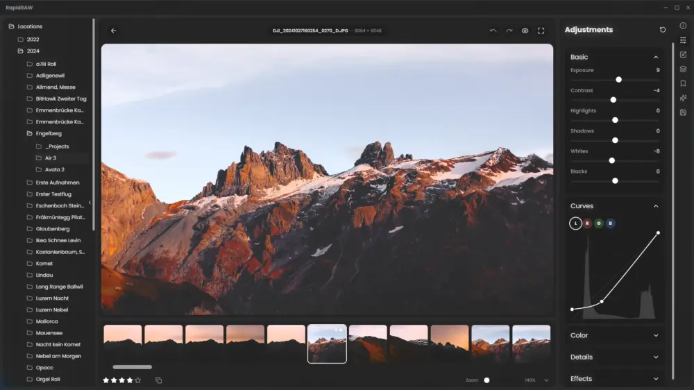A photo editing program called Rapidraw (which is a free alternative to Lightroom) is open on the screen. You can see a picture of mountains covered in snow, along with different editing tools and filters you can use.