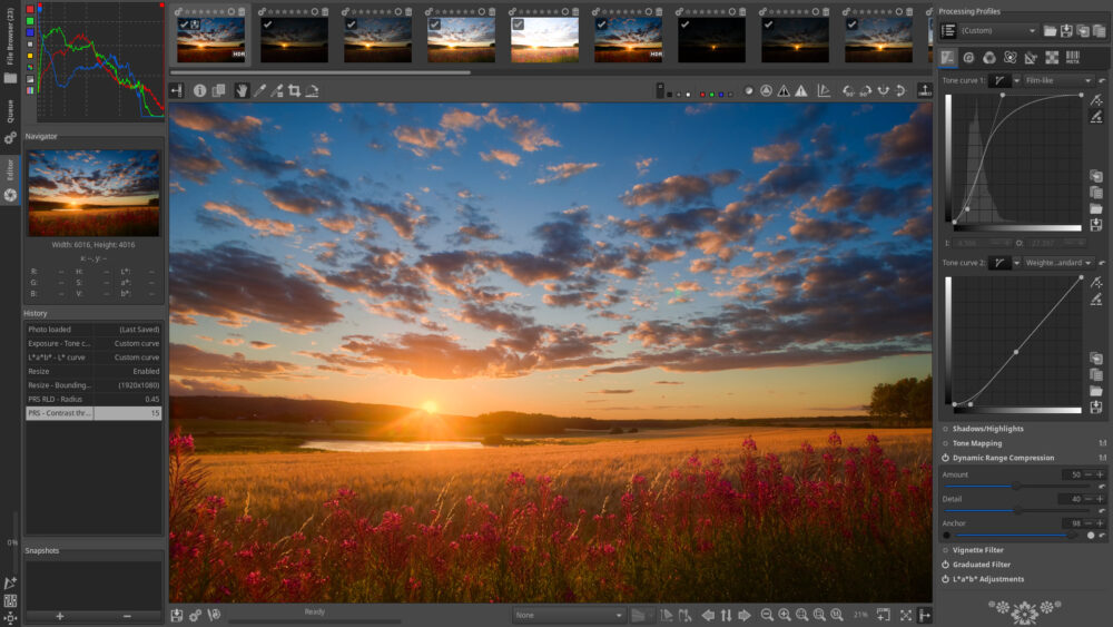 A computer monitor shows RawTherapee, a free program like Lightroom. The screen displays photo editing tools and a picture of a sunset over a field of flowers. There are adjustment panels, sliders, and small preview pictures at the top.