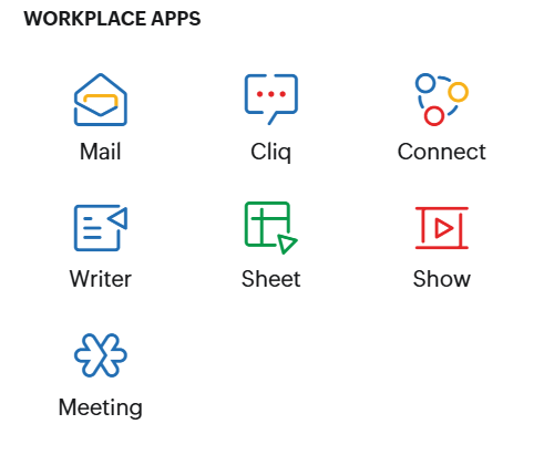 Here are icons for different work apps: Mail, Cliq, Connect, Writer, Sheet, Show, and Meeting. Each icon has its own symbol and name. Find other email options like safer or cheaper choices to help your team work better.