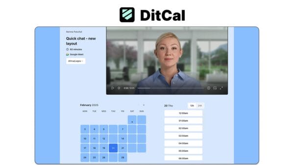DitCal SaaS scheduling screen with video call, calendar, and meeting slots for February 2025. Simple online booking and planning view.