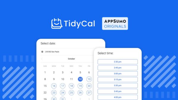 TidyCal and AppSumo Originals logos with a blue background, showing a calendar and time slot picker for easy meeting scheduling.