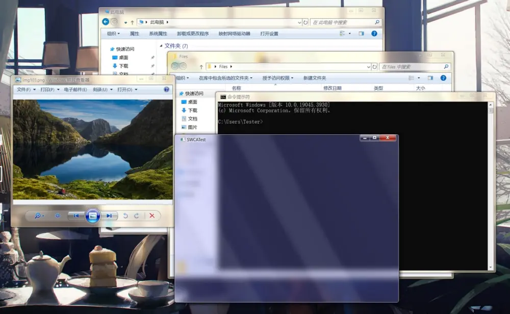 A Windows desktop has several windows open: File Explorer, Command Prompt, a picture viewer showing a landscape photo, and another app with blurry glass effects.