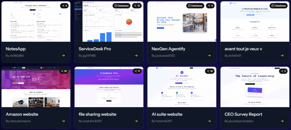 Eight website homepages in a grid, each featuring a web application with its name shown.