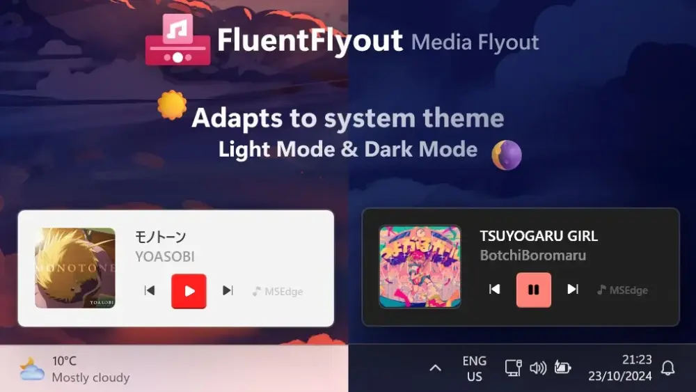 The media player screen shows two songs, system details like weather, time, and date, plus language choices. The look can change between light and dark modes, making it great for people who enjoy customizing their Windows computer.