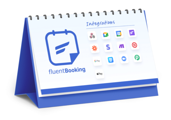 Desk calendar showing the fluentBooking logo with icons for Google, Apple, and payment calendar integrations.