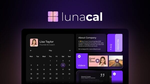 LunaCal app shows a dark dashboard with schedule, calendar, user profile, company info, and video previews for easy SaaS management.