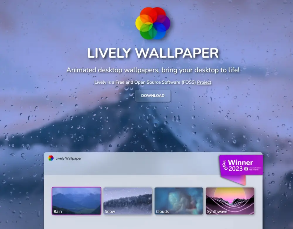 Lively Wallpaper is a website where you can get moving desktop backgrounds, like rain, snow, clouds, and colorful synthwave scenes. It shows a 2023 software award badge and is great for people who like to customize their Windows computers.