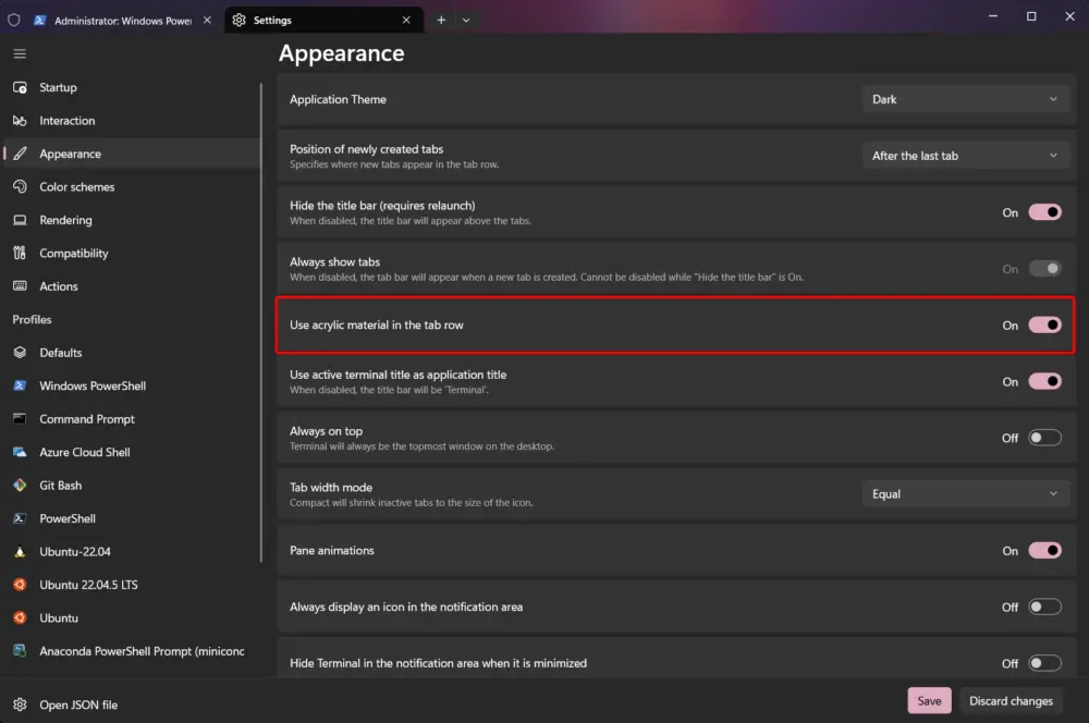 The Windows Terminal Appearance settings screen lets you change how it looks. You can pick a theme, show or hide tabs, use see-through effects, turn on or off animations, and adjust other visual options. This is great for people who like to customize Windows. At the bottom, there are “Save” and “Cancel” buttons.