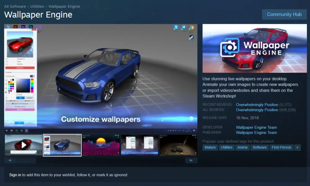 This is a screenshot of the Wallpaper Engine page on Steam. It shows a 3D car wallpaper, information about the app, user reviews, the release date, and tools you can use to customize your Windows desktop.
